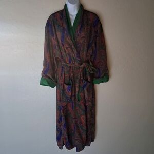Vintage Victoria's Secret Gold Label Satin Paisley Green Purple Terry Lined Robe